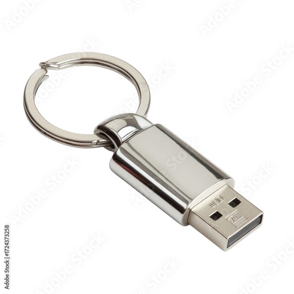 Obraz A silver metal USB flash drive attached to a keyring, portable and convenient. background removed