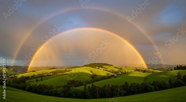 Obraz Vivid Full Rainbow Over Lush Green Hills