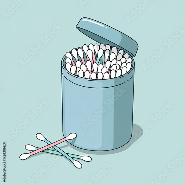 Fototapeta An open light blue container filled with pastel-colored cotton swabs, with three swabs lying in front.