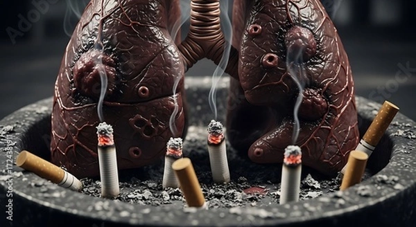 Obraz Visualizing smoking consequences, damaged lungs surrounded by cigarettes ashes