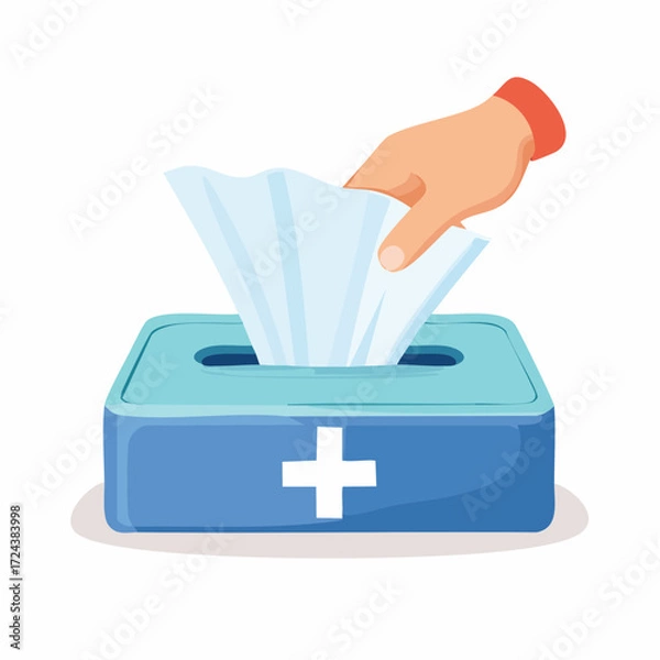 Fototapeta Hand Reaching for Tissue from Blue Box with Plus Sign
