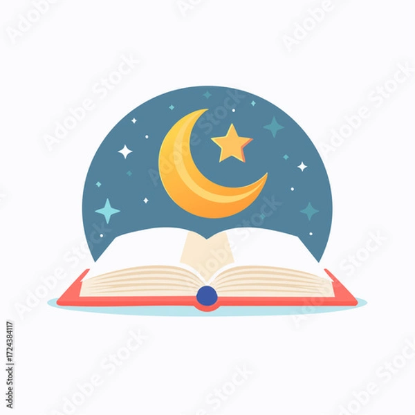 Fototapeta Open Book with Crescent Moon and Stars Illustration