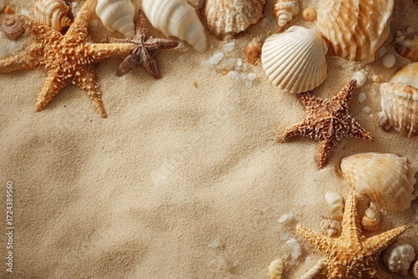 Fototapeta Seashells and starfish on sand (6)