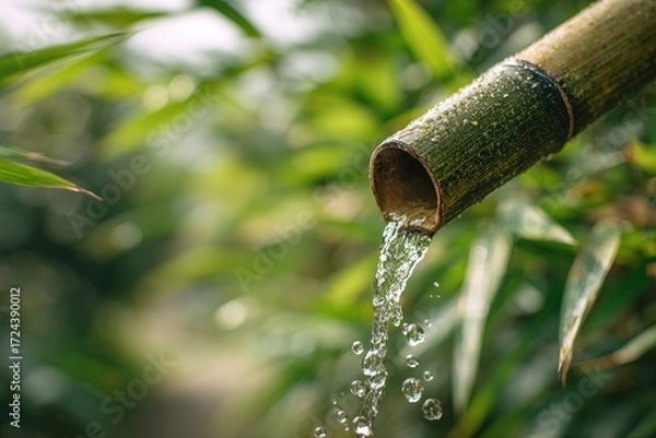 Fototapeta Water flowing from a bamboo pipe (1)