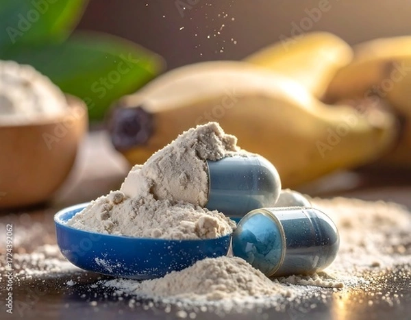 Fototapeta Powdered supplement with pills and bananas