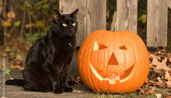 Fototapeta Mysterious Black Cat with Piercing Eyes Sits Beside a Grinning Jack-o-Lantern in Autumn.