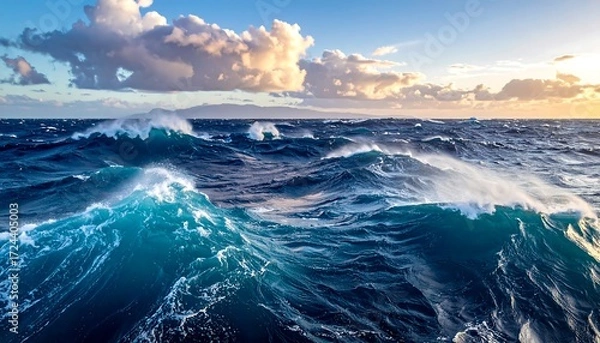 Fototapeta Powerful ocean waves at sunset