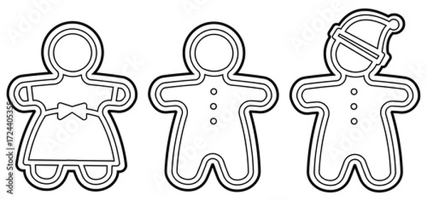 Fototapeta Set of outline gingerbread cookie shapes — girl, boy, and figure in a Christmas hat. Black and white vector illustration for holiday, Christmas, or New Year design.