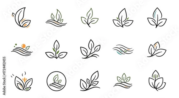 Fototapeta Collection of minimalist line art designs featuring leaves, plants, and stylized waves, perfect for logos or icons.