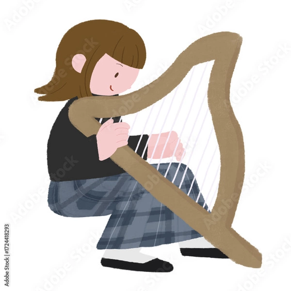 Fototapeta ハープを奏でる女性の手描きカラーイラスト