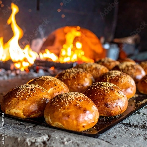 Obraz Freshly baked buns on a tray, near a wood-fired oven