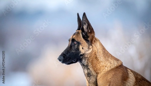 Fototapeta Profile of a Belgian Malinois in winter
