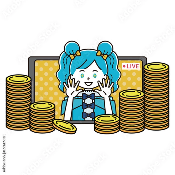 Obraz ライブ配信をする女性アイドルと山積みのコインのイラスト