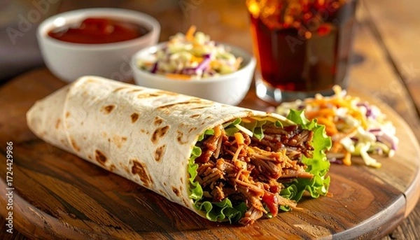 Fototapeta Pulled pork wrap with coleslaw and soda