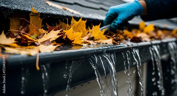 Obraz Gutter Worker Clearing Clogged Gutter Overflowing with Water and Autumn Leaves During Seasonal Home Maintenance
