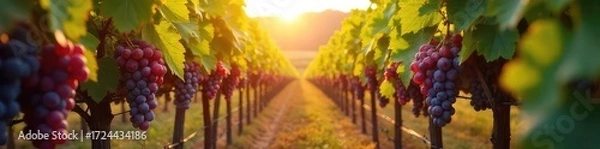 Fototapeta Sunlight streams through vineyard rows as ripe bunches of grapes hang heavy on the vines, ready for harvest A scene of autumn abundance and the promise of wine , farming, shadows, landscape