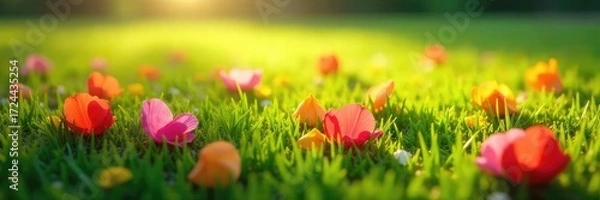 Fototapeta Vibrant, freshly fallen flower petals scattered on lush green grass, illuminated by soft sunlight  Perfect for spring, nature, and floral themes , petal,  colorful