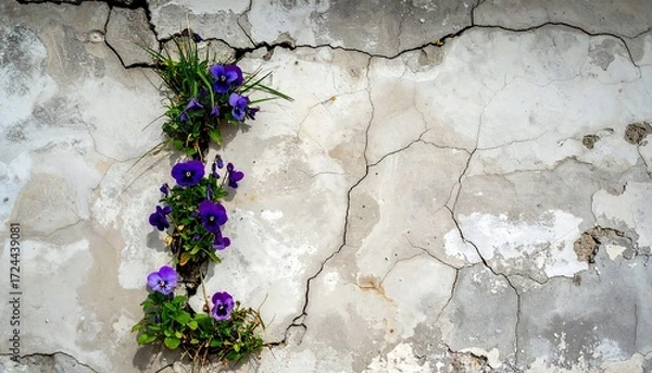 Fototapeta Purple pansies in cracks of a weathered wall