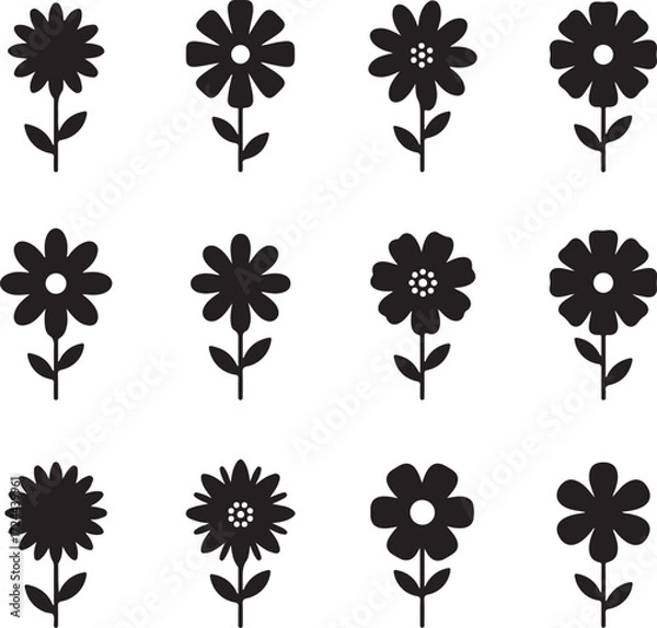 Fototapeta Flower Silhouettes: A graphic array of intricately designed flower silhouettes, presenting a diverse collection of floral elements perfect for versatile design applications.