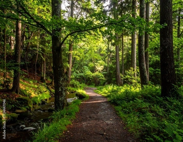 Fototapeta Sunlit forest path through lush greenery