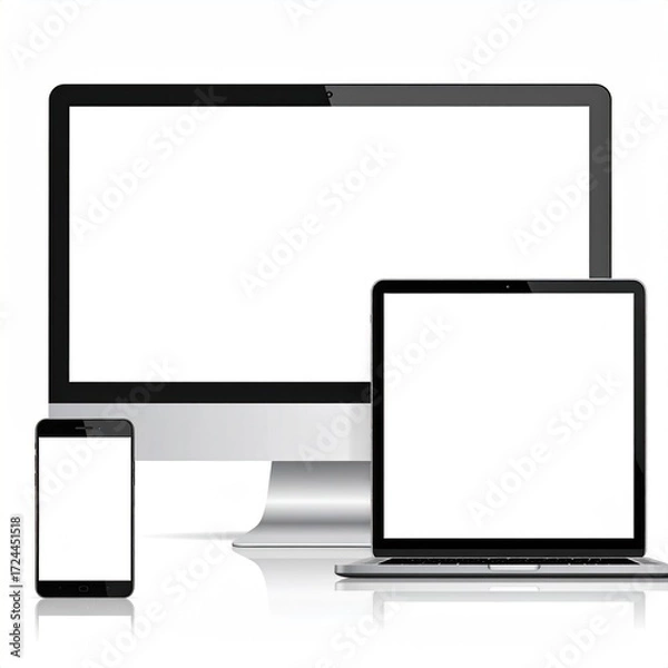 Fototapeta Mockup of a desktop computer, laptop, and smartphone featuring blank white screens on a white reflective surface