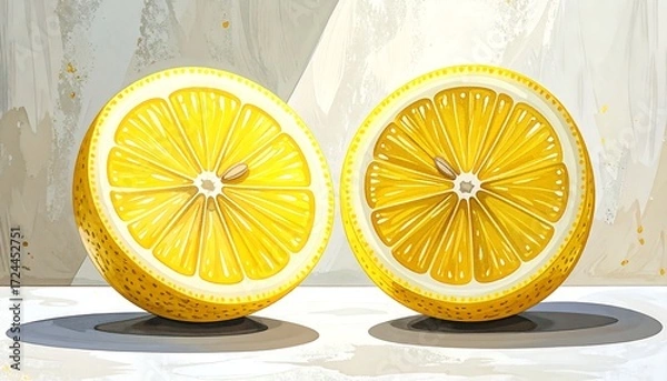 Obraz Two vibrant lemon halves, sliced, on a light-gray surface, with a textured background