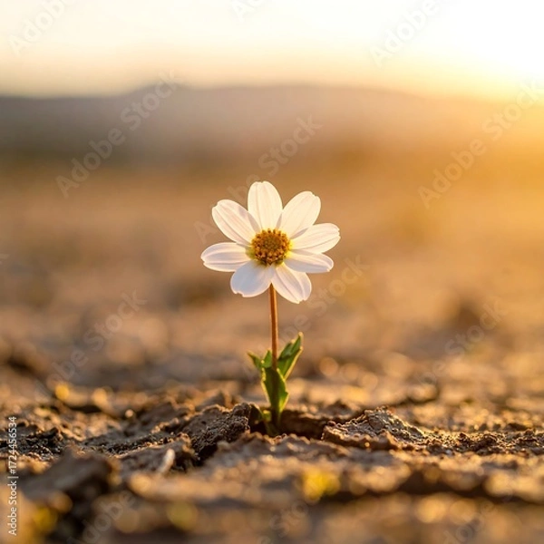 Obraz Single white flower in cracked earth, golden light