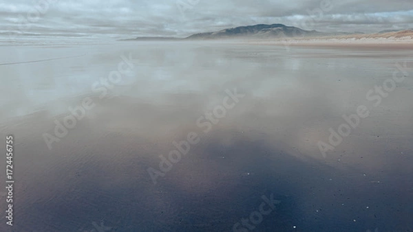 Fototapeta View northward along a beach towards a distant ridge covered in a dark pine forest, with the cloudy and  mysterious sky reflected on the wet sand. 
