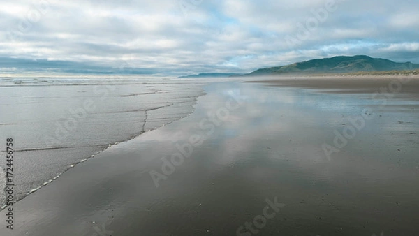 Fototapeta View northward along a beach towards a distant ridge covered in a dark pine forest, with the cloudy and  mysterious sky reflected on the wet sand.