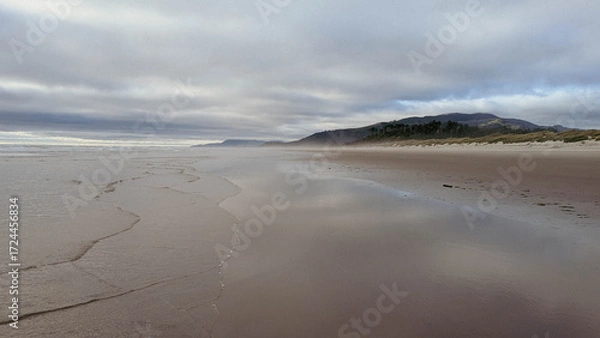 Fototapeta View northward along a beach towards a distant ridge covered in a dark pine forest, with the cloudy and  mysterious sky reflected on the wet sand