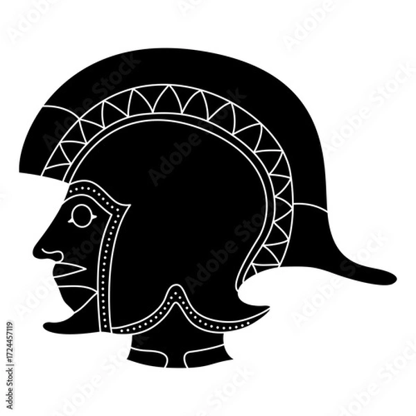 Obraz Head of Ancient Greek warrior wearing helmet. Vase painting style. Ethnic design. Black and white silhouette.
