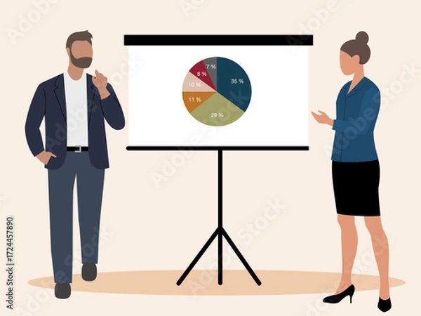Fototapeta Two business people, man and woman, standing next to a flip chart displaying a pie chart