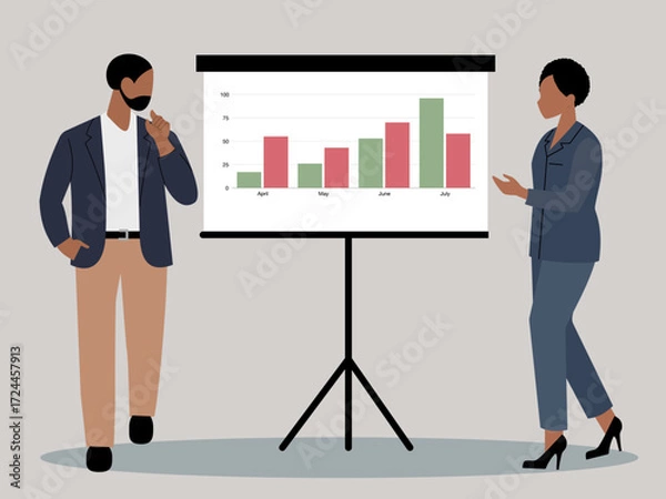 Fototapeta Two business people, man and woman, standing next to a flip chart displaying a bar graph with business trends