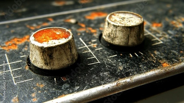 Fototapeta Close-up of two rusty, aged knobs on a vintage audio device
