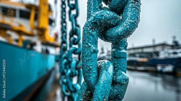 Fototapeta Close-up of weathered, teal-colored mooring chains