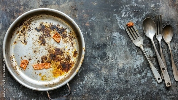 Fototapeta Empty, dirty frying pan with food remnants and utensils on a dark textured surface