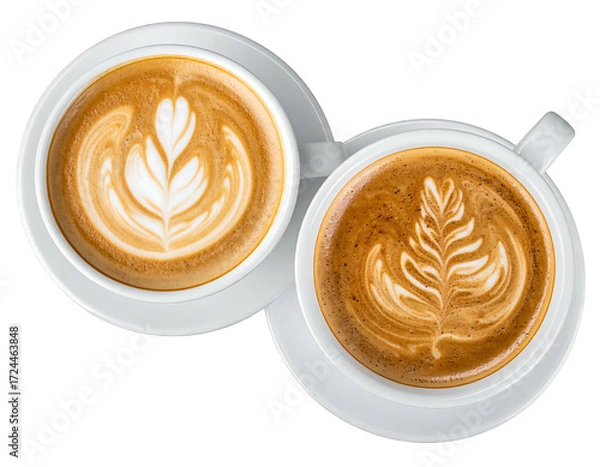Obraz Two identical lattes, artfully crafted, in white cups,  on saucers, viewed from above