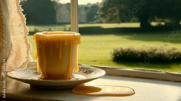 Fototapeta Melted candle in a cup on a windowsill, overlooking a garden