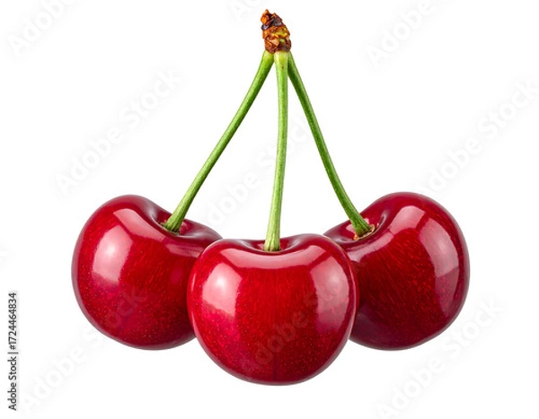 Obraz Three vibrant red cherries clustered together, stems attached