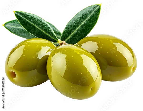 Obraz Three glossy green olives with leaves