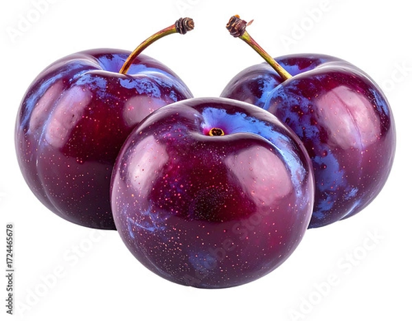 Fototapeta Three vibrant plums, deep purple with hints of blue, glossy skin, clustered close together