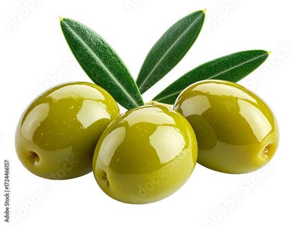 Obraz Three vibrant green olives, glossy and plump, are nestled together with fresh leaves