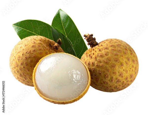 Fototapeta Two whole and one halved lychee fruit with green leaves