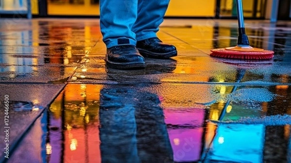 Fototapeta Person cleaning wet pavement with a squeegee. Colorful reflections on the surface