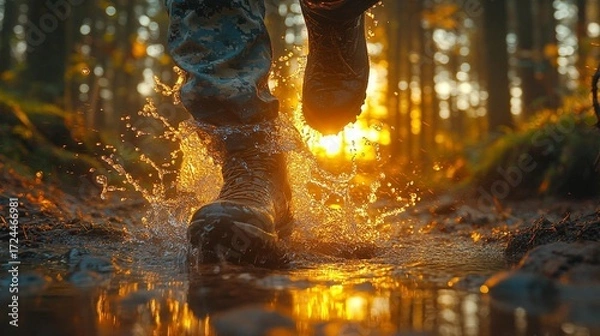 Fototapeta Person in camouflage boots splashing through puddle in forest at sunset