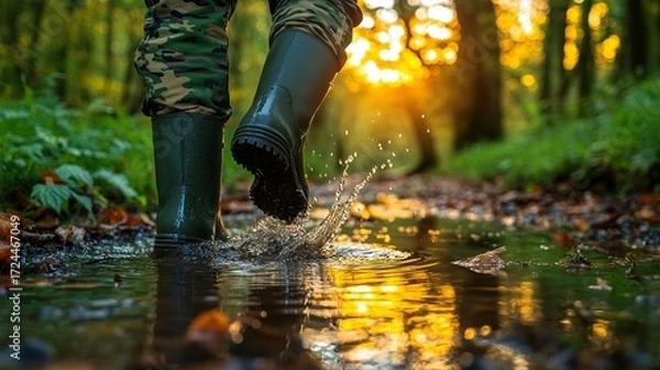 Fototapeta Person in camouflage walking through a shallow, sunny forest stream