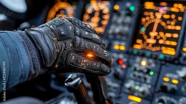 Fototapeta Pilot's hand in protective glove, operating a cockpit lever