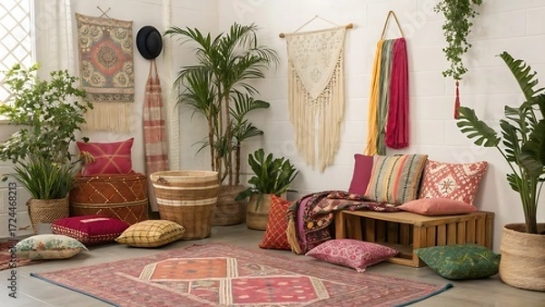 Fototapeta Indoor space with plants pillows and textiles creating a cozy vibe