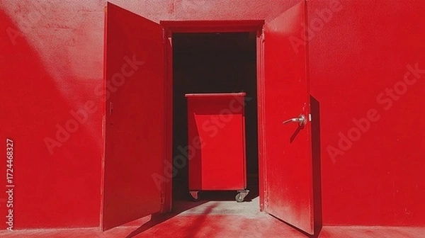 Fototapeta Red doors open to a red storage unit