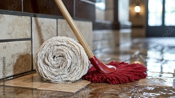 Fototapeta Rolled mop and red string mop on tiled floor